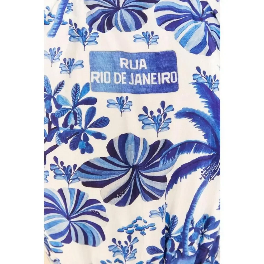 Farm Rio Sweet Rio Puff Sleeve O Ring Belt Mini Skirt Dress Size M Ivory Blue_6